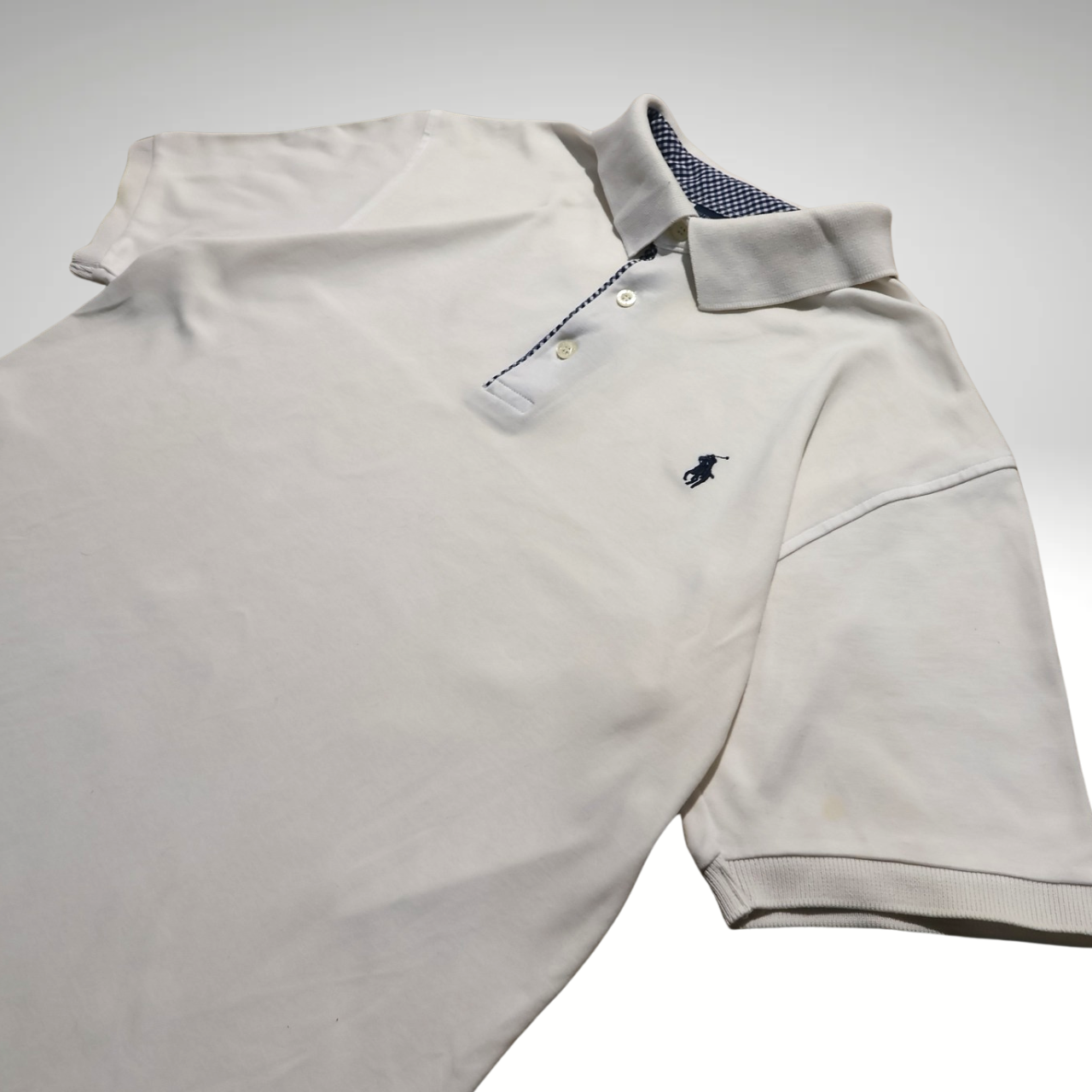 Men’s White With Blue Checkered Detailing Ralph Lauren Polo shirt (XL)